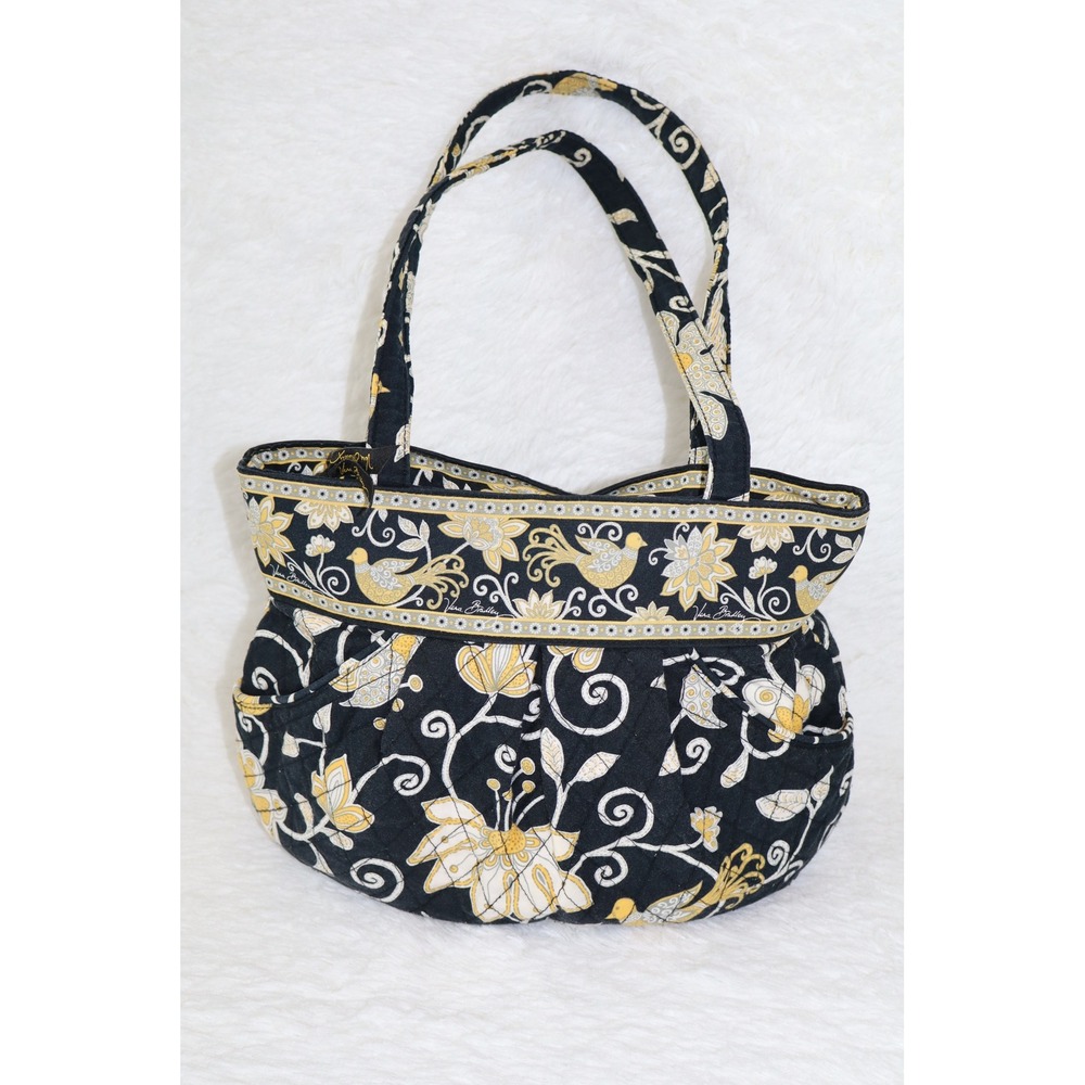 Vera Bradley Yellow Bird Quilted Floral Bird Shoulder Bag Tote Black Yellow